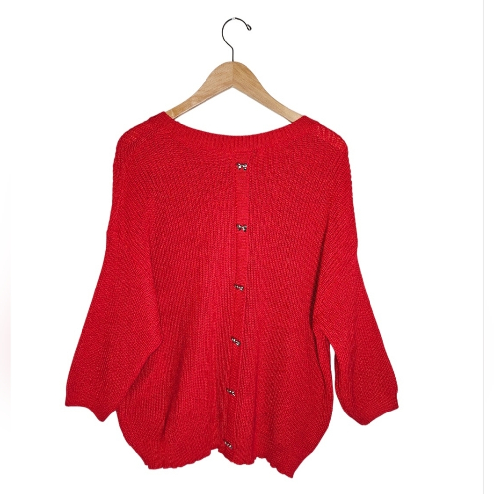 Poppy & Whimsy Red Silver Bow Slouchy Knit Sweater Size 1XL